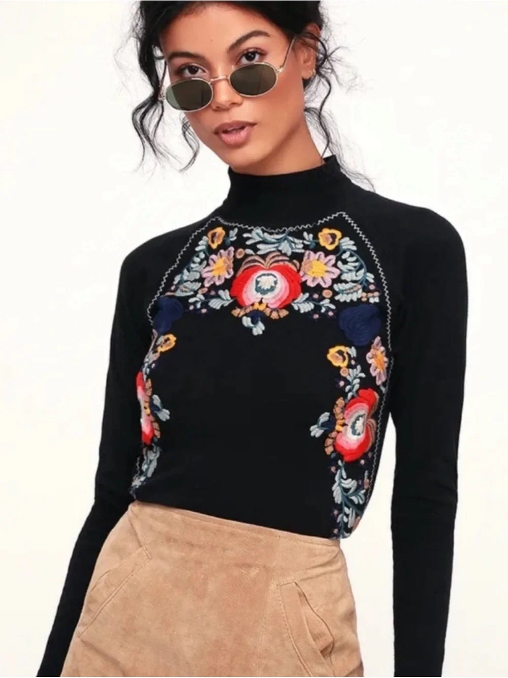 Free people disco rose embroidered floral long sleeve top black size medium
